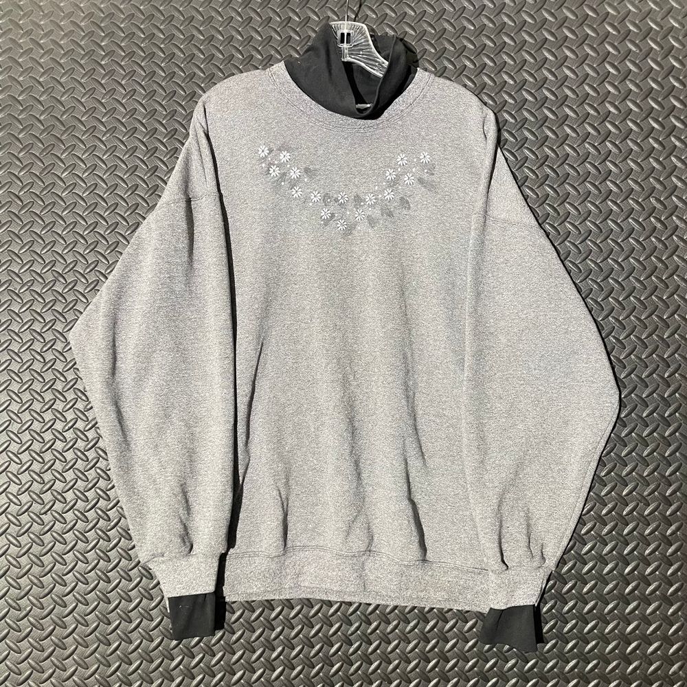 Vintage PFI Fashion Dark Gray Floral‎ Pattern Mock Pullover Casual Sweater Sz XL